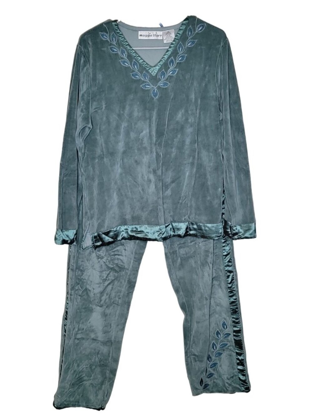 Vintage Maggie Starr Velour Pajama Set Medium Blue Satin Leaf Trim Loungewear - Picture 1 of 15